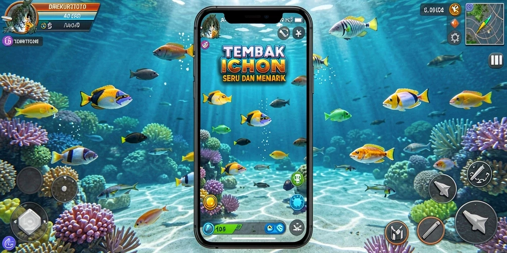 Screenshot gameplay menunjukkan keseruan menembak ikan di bawah laut.