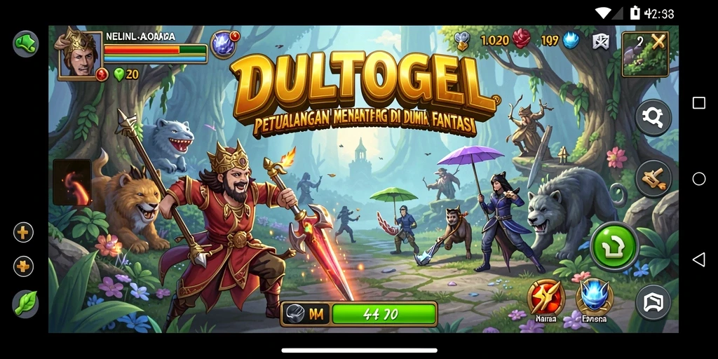 Screenshot DULTOGEL menampilkan pertarungan epik antara karakter di dunia fantasi.