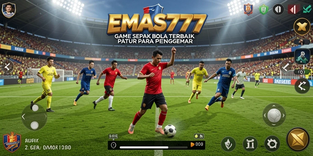 Tangkapan layar permainan EMAS777 menampilkan aksi sepak bola yang penuh semangat.