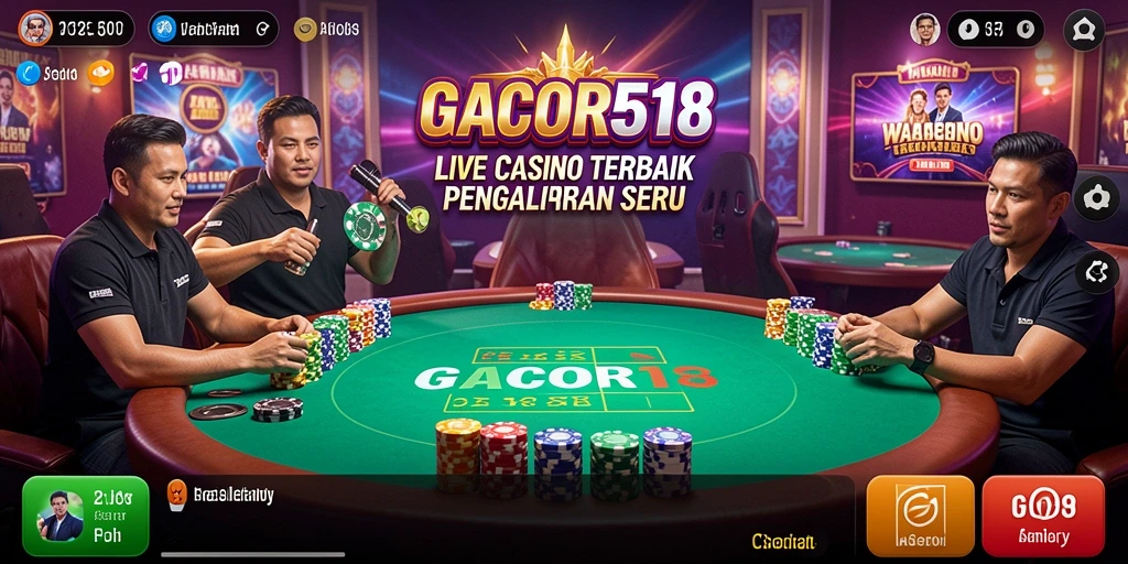 Tampilan screenshot gameplay GACOR518 yang menampilkan dealer dan suasana kasino.