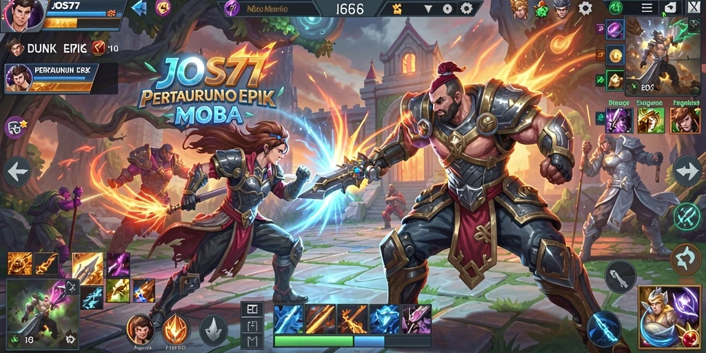Gameplay seru dalam JOS77 dengan aksi MOBA yang mendebarkan.