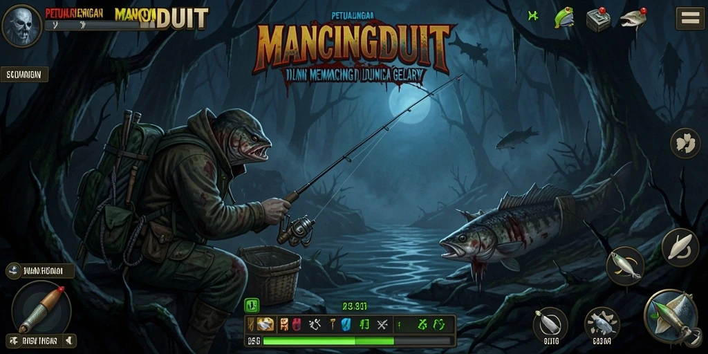 Screenshot permainan <strong>MANCINGDUIT</strong> yang menunjukkan momen menegangkan saat memancing.
