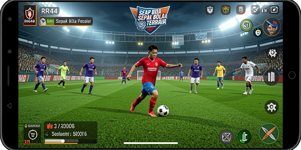 Screenshot gameplay RR44 menampilkan aksi pertandingan sepak bola yang mendebarkan.