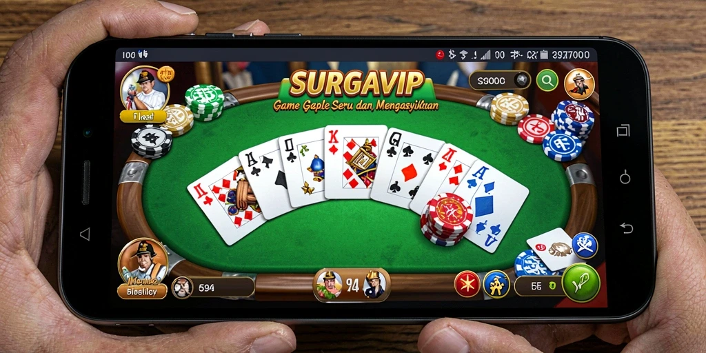 Tampilan gameplay seru dalam SURGAVIP dengan teman-teman bermain Gaple.