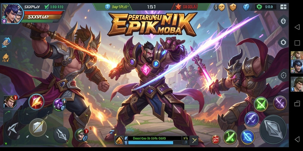 Screenshot SXXPLAY menampilkan aksi pertarungan karakter di arena MOBA.