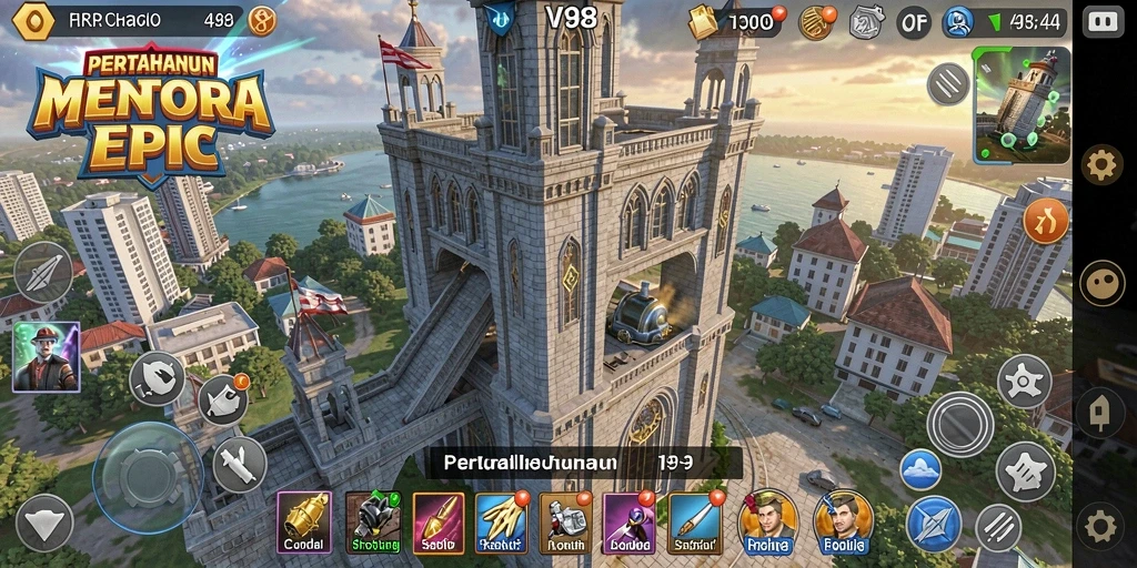 Screenshot V98 menampilkan pertempuran menegangkan di arena Tower Defense.
