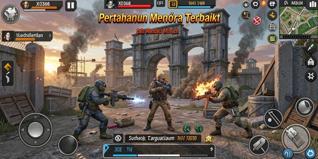 Screenshot menunjukkan aksi menara yang siap melawan musuh di permainan Tower Defense.